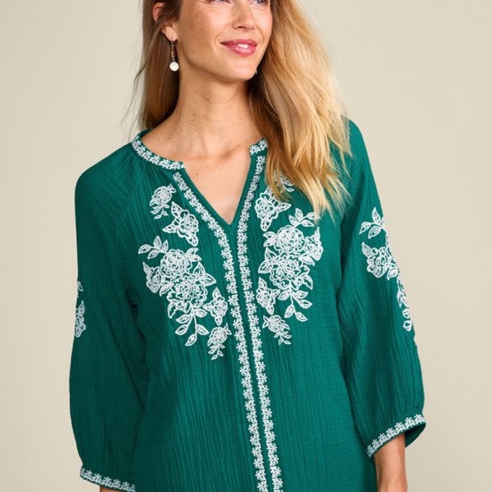 Soft Surroundings Gauze Tunic Embroidered Teal green and white Women's Top M